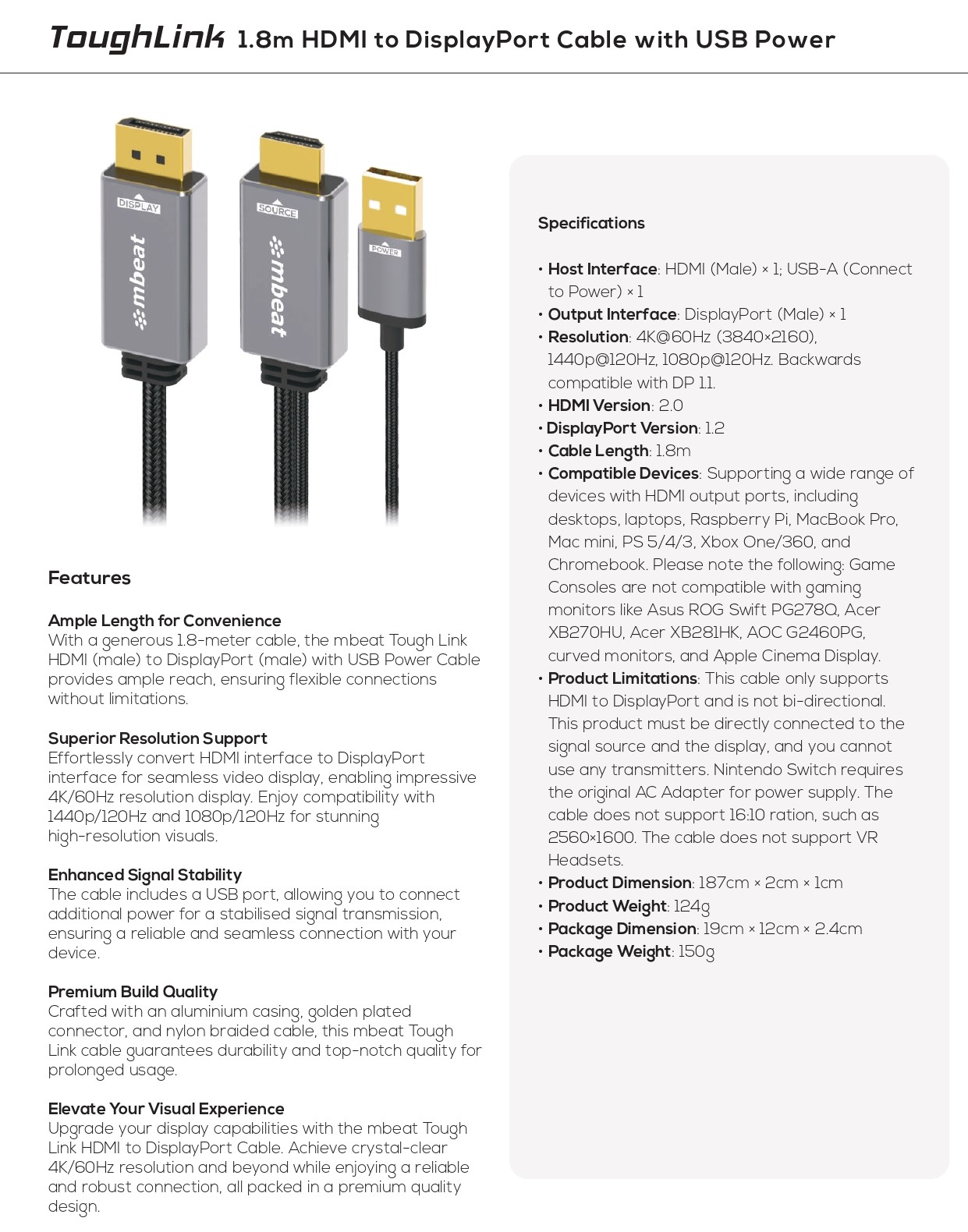 A large marketing image providing additional information about the product mbeat Tough Link HDMI to DisplayPort Cable with USB Power - 1.8m - Additional alt info not provided